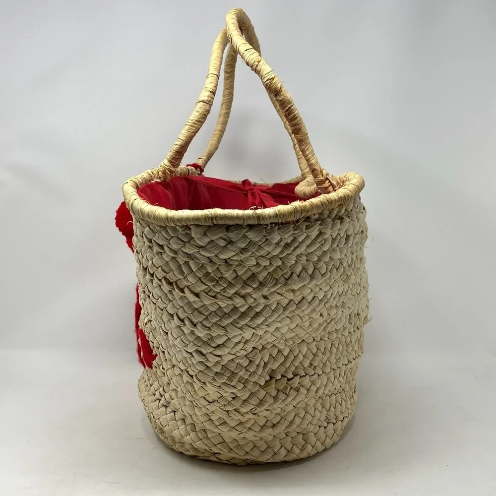 Straw Tote Bag Womens Large Raffia Hello Embroidery Pom Pom Tassel Beach Resort‎